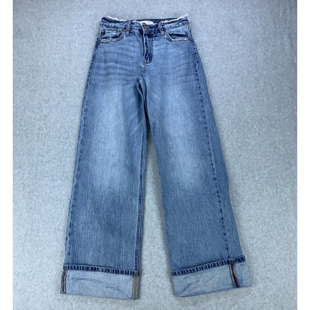 Kancan Jeans Women 26 Blue Wide Leg Cuffed Raw Hem High Rise 221758